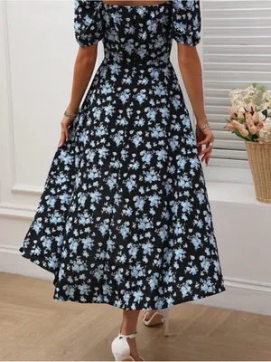 SHEIN‎ Black Midi Dress with Light Blue Floral Print thumbnail 2