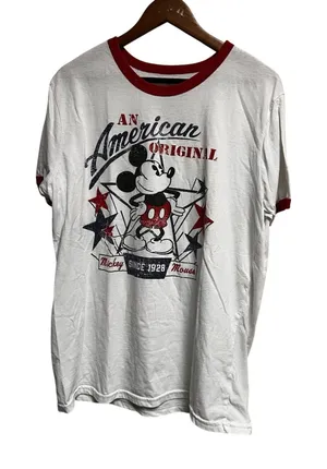 Disney Mickey‎ Mouse An American Original Ringer Graphic T-Shirt White Red L thumbnail 1