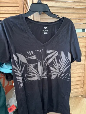 Roxy Black V-Neck Palm Leaf Short Sleeve Tee Medium thumbnail 1