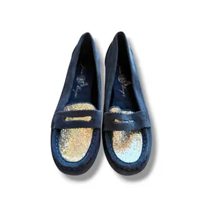 Joan Boyce Loafers Womens 8.5 Navy Suede Silver Glitter Penny Flats 191670 thumbnail 2