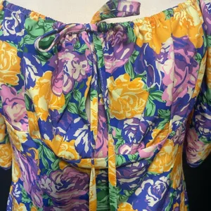 Sunday Up Floral Print Puff Sleeve Square‎ Neck Tie Front Midi Dress Women M thumbnail 4