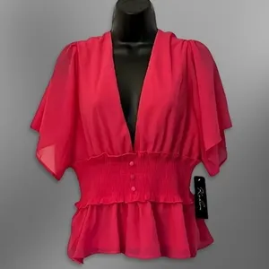 Kaleina Blouse Flowing Flutter Short Sleeves Deep V-Neckline Pink Women's L NWT thumbnail 1