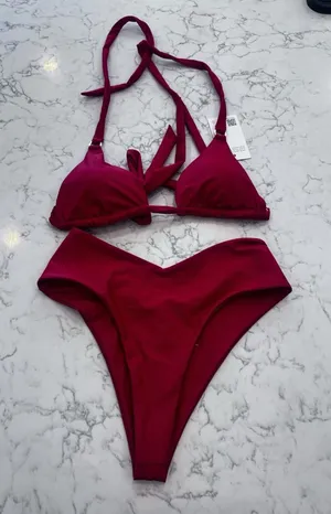 New Quince Cherry Red Italian Full Coverage Ring Triangle Bikini Top & V Bottom thumbnail 1
