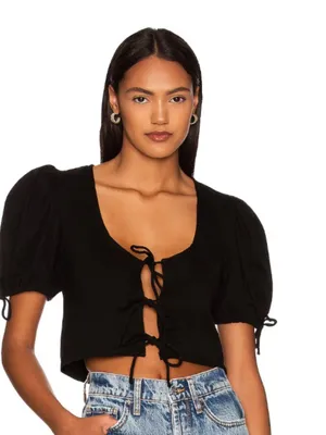 Free People Kitty Tee Black Cropped Puff Sleeve Tiered Tie-Front Closure Size XS thumbnail 2