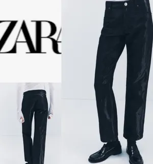 Zara Nwt Satin Effect Shiny Metallic Mid Waist Straight Leg Pants 4 thumbnail 14