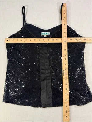 Rockin C Sequin V-Neck Cami Tank Top Satin Trim Black Large thumbnail 2