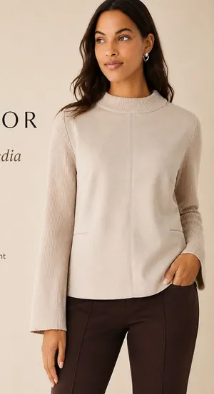 Ann‎ Taylor Mixed Media Faux Suede Knit Sweater Beige Mock Neck Size M thumbnail 1