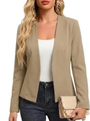 Mina Self Women Khaki Tan Open Front Collarless Blazer Jacket XX005S Size S NWT thumbnail 1