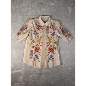 Johnny Was Petunia Smocked Lisbon Shirt Med Embroidered Floral Button Down‎ thumbnail 7