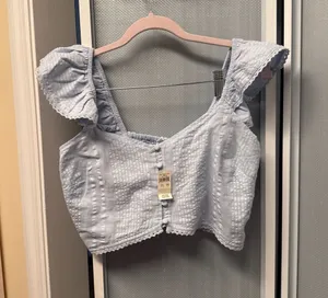 Aerie Light Blue Smocked Seersucker Ruffle Button-Up Crop Top thumbnail 1