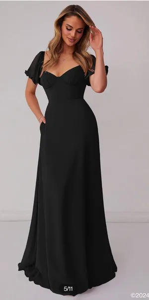 Azazie Bridesmaid Barbie Chiffon A-line Dress with Puff Sleeves Black thumbnail 1