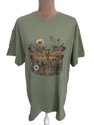 Gildan Botanical Dragonfly Graphic Oversized Tee Shirt Vintage Style Sage Womens Large thumbnail 4