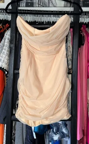 Oh Polly Nude Ruched Mesh Strapless Mini Dress Bodycon UK12 US8 New NWT thumbnail 1