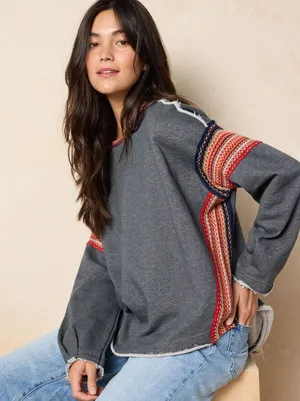 Natural Life Knit Trim Sweatshirt Top Boho Oversized Boxy‎ Heather Gray L/XL thumbnail 1