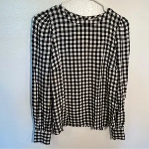Loft Women's Size XS Blouse Long Puff Sleeve Black White Gingham Crewneck 552579 thumbnail 3