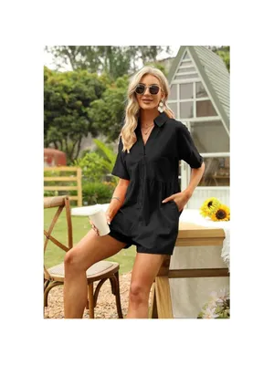 NEW Button Down Linen Shorts Rompers Collared Pockets L Black Size L thumbnail 2