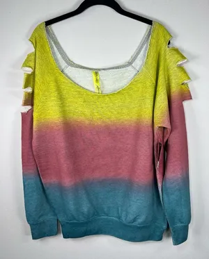 Ombre Cutout Sweatshirt Yellow Pink Blue Wide Neck Slouchy 80s Streetwear Large thumbnail 1