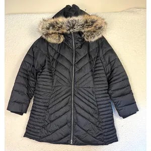 Lands‎ End Coat Womens 18 Black Puffer Hooded Fur Trim Insulated Mid Length thumbnail 1