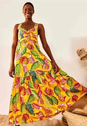 Farm Rio Yellow Beaks & Bananas Cotton Maxi Dress Small Tropical Toucan Tiered‎ thumbnail 1