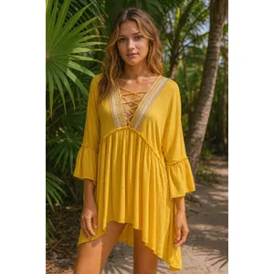 Hazel Embroidered Beach Cover Up Tunic Bell Sleeve Yellow Rayon Women's M NWT thumbnail 3