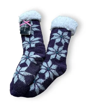 Cuddl Duds Purple & White Fluffy Sherpa Lined Snowflake Floral‎ Print Socks NEW thumbnail 1