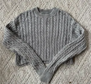 aerie Gray Cropped Cable Crewneck Sweater thumbnail 1