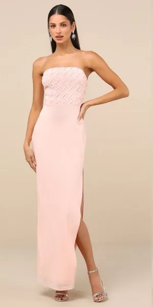 NWT Lulus Stunning Concept Light Pink Mesh Rhinestone Strapless Maxi Dress Sz L thumbnail 1