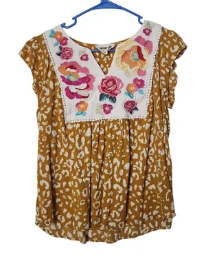 Savanna Jane Yellow Leopard Animal Print Embroidered Floral Blouse Top Sze Large thumbnail 1
