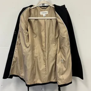 Calvin Klein Black Double Breasted Belted‎ Trench Coat Jacket XS Epaulettes thumbnail 4