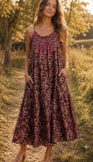 Natural Life Womens XS/S Floral Tiered Midi Dress Pink Embroidered Pockets Brown thumbnail 1