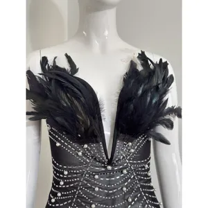 Beaded Pearl Sheer Feather Bust Dress Size Small Stretchy Bodycon Night Out thumbnail 4