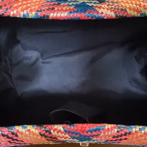 Le‎ Sac Woven Straw Top Handle Handbag Colorful Woven Design Black Accents Gold thumbnail 6