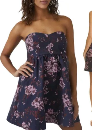 Free‎ People Matilda Tie Back Strapless Babydoll Mini Dress Size Large Blue thumbnail 1