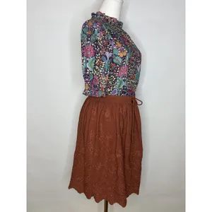 Lottie Rust Brown Eyelet Embroidered Scalloped Mini Skirt Boho Drawstring Waist‎ thumbnail 3