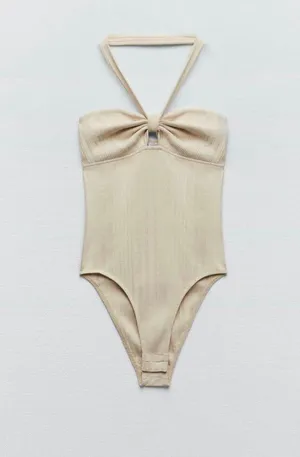 ZARA BODYSUITS | RIBBED HALTER BODYSUIT Sand thumbnail 5