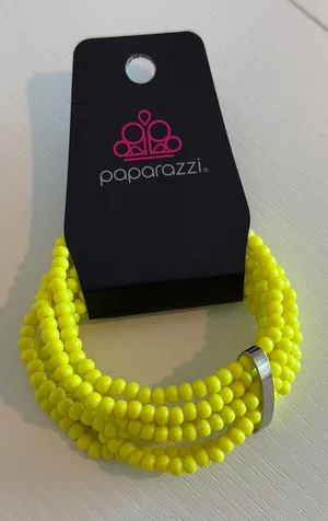 Paparazzi Neon Yellow 5-Strand Seed Bead Stretch Bracelet Silver Bar Accent thumbnail 1