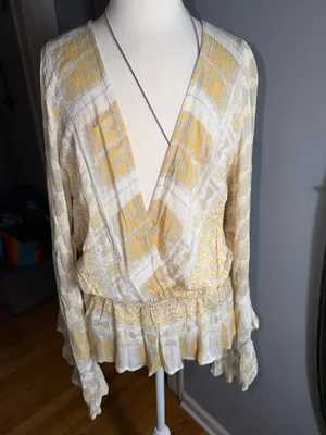 Free People Cream & Tan Printed Wrap Blouse thumbnail 3