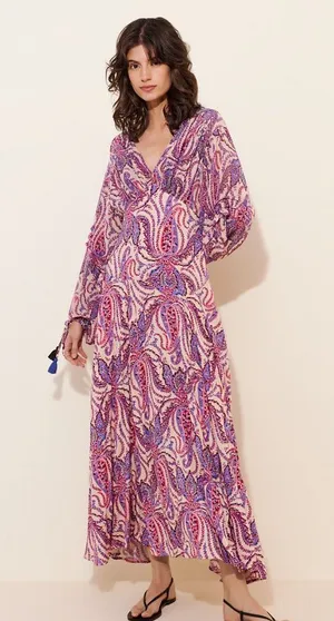 NWT Free People Purple Paisley Balloon Sleeve ‘Mirage’ Tassel Maxi Dress, Size 8 thumbnail 1
