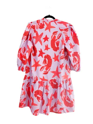 FARM RIO Red Starfish & Lobster Print Puff Sleeve Mini Dress Sz M thumbnail 4