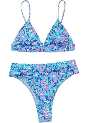 Tropical Floral Bikini‎ Set Blue Pink Girly Summer Resort Beachwear Size Large thumbnail 1