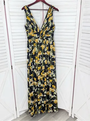 Aidan Mattox Floral Pleat V Neck Front Slit Formal Maxi Dress Black Yellow 8 thumbnail 9
