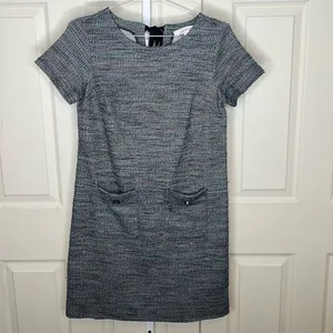 LOFT Blue Multi Tweed Sheath Dress Short Sleeve Pockets Size 0 thumbnail 4