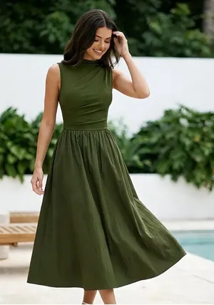 Miusol Olive Green Sleeveless Draped Mock Neck Ribbed A-Line Midi Dress Large thumbnail 1