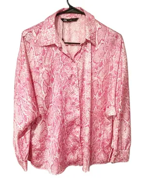 Zara Size Large Pink Silk Snake Print Button Front‎ Blouse Top thumbnail 1