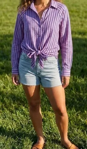 American Eagle Boho Striped Tie-Hem Button Down Top - Soft Pink/Blue - S thumbnail 1