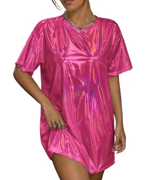 NWT Floerns Metallic Holographic Short Sleeve Disco T-Shirt‎ Dress XS thumbnail 1