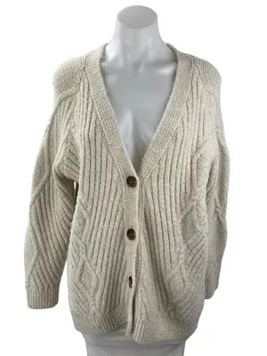 Mark & Spencer Cream Argyle Rib Knit V Neck Button Down Cardigan Sweater Top M thumbnail 1