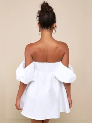 Lulus Sweet Vision White Taffeta Off-the-Shoulder Babydoll Mini Dress Medium thumbnail 2