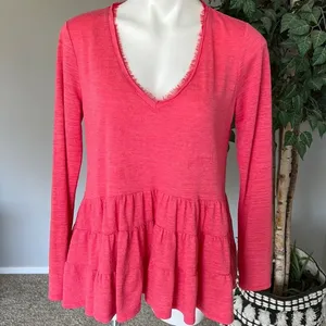 Anthro | Deletta Women's Thea‎ Pink Ruffle Peplum V-Neck Top thumbnail 2