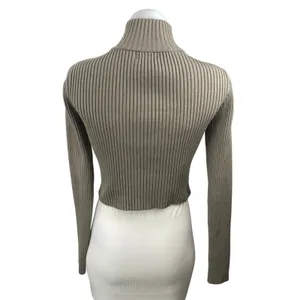 Edikted Olive Green Turtleneck Ribbed Knit Long Sleeve Zip Up Crop Sweater Sz M thumbnail 4